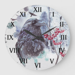 Ravens Abstract Watercolor Winter Scene Round   Large Clock