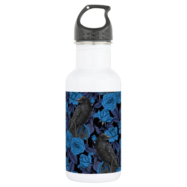 Ravens and  blue roses 532 ml water bottle (Front)