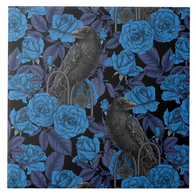 Ravens and  blue roses ceramic tile (Front)