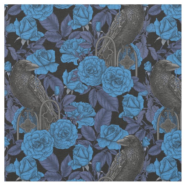 Ravens and  blue roses fabric (Close Up)