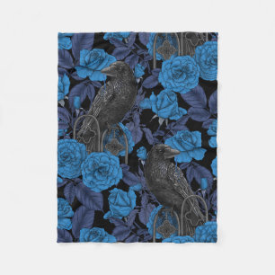 Ravens and blue roses fleece blanket