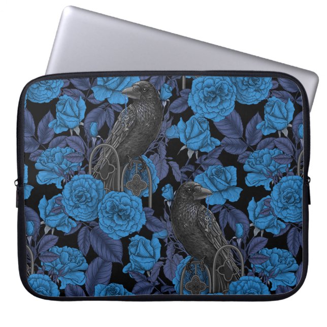 Ravens and  blue roses laptop sleeve (Front)