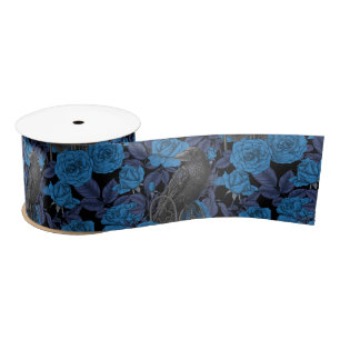 Ravens and blue roses satin ribbon