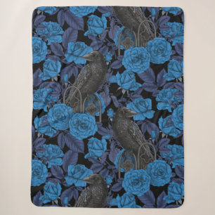 Ravens and blue roses sherpa blanket