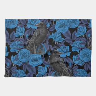 Ravens and blue roses tea towel