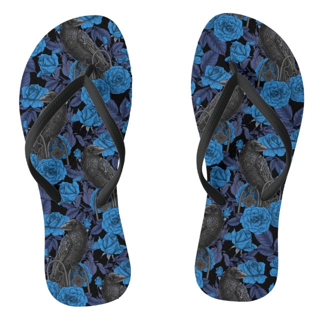 Ravens and  blue roses thongs (Footbed)
