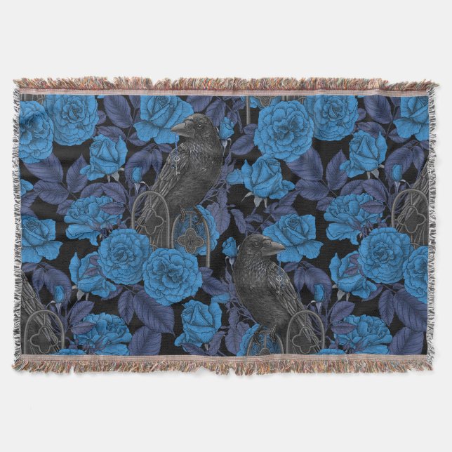 Ravens and  blue roses throw blanket (Front)