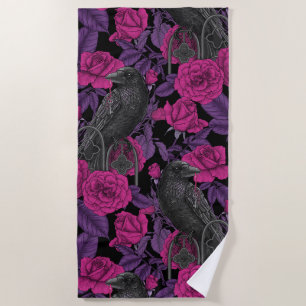 Ravens and pink roses beach towel