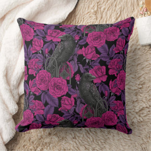 Ravens and pink roses cushion