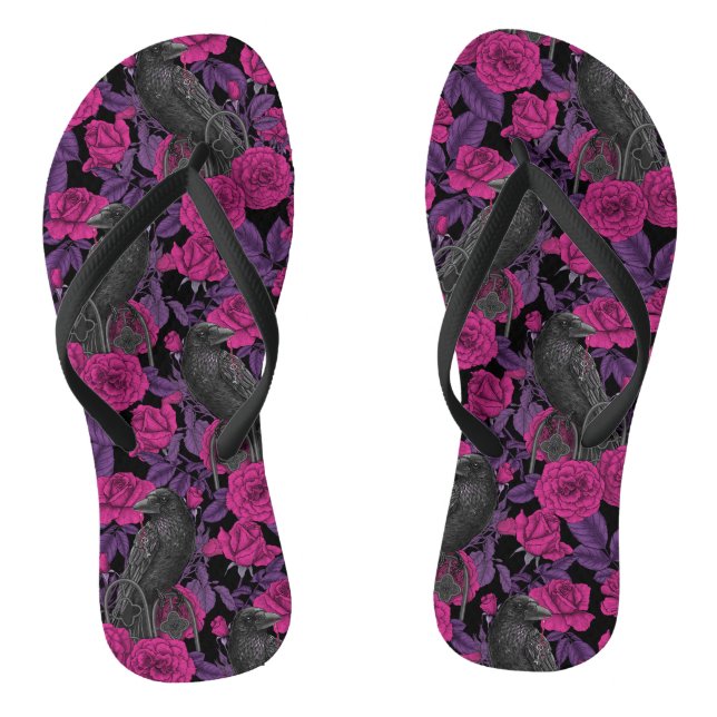 Ravens and pink roses thongs (Footbed)