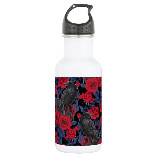 Ravens and roses with dark blue leaves 532 ml water bottle (Front)