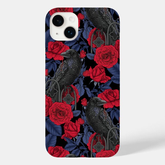 Ravens and roses with dark blue leaves Case-Mate iPhone case (Back)
