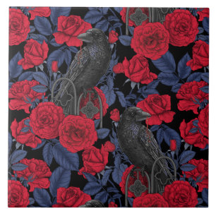 Ravens and roses with dark blue leaves ceramic tile