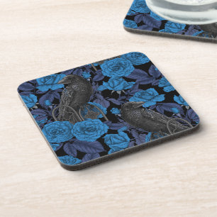 Ravens and roses with dark blue leaves coaster
