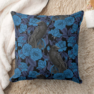 Ravens and roses with dark blue leaves cushion