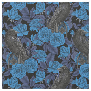 Ravens and roses with dark blue leaves fabric