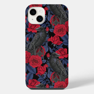 Ravens and roses with dark blue leaves iPhone 14 plus case