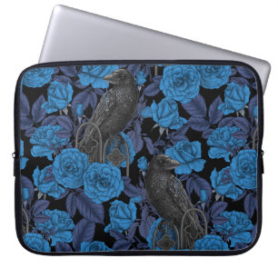 Ravens and roses with dark blue leaves laptop sleeve