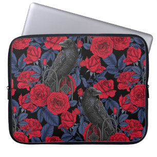 Ravens and roses with dark blue leaves laptop sleeve