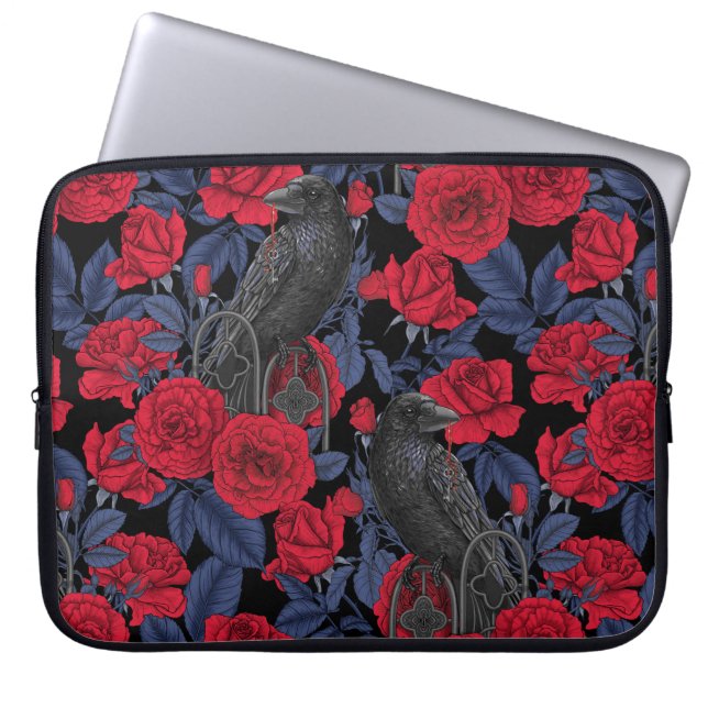 Ravens and roses with dark blue leaves laptop sleeve (Front)