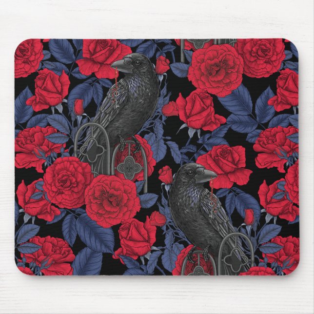 Ravens and roses with dark blue leaves mouse pad (Front)