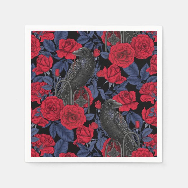 Ravens and roses with dark blue leaves napkin (Front)