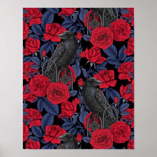 Ravens and roses with dark blue leaves poster (Front)