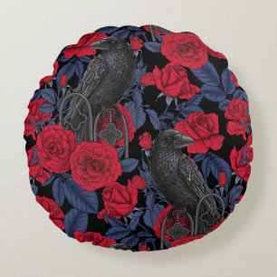 Ravens and roses with dark blue leaves round cushion