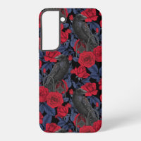 Ravens and roses with dark blue leaves
