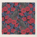 Ravens and roses with dark blue leaves scarf<br><div class="desc">Hand-painted pattern design with raven perching on a metal fence with a key on a ribbon in its bills and red roses</div>