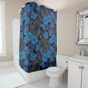 Ravens and roses with dark blue leaves shower curtain