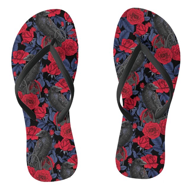 Ravens and roses with dark blue leaves thongs (Footbed)