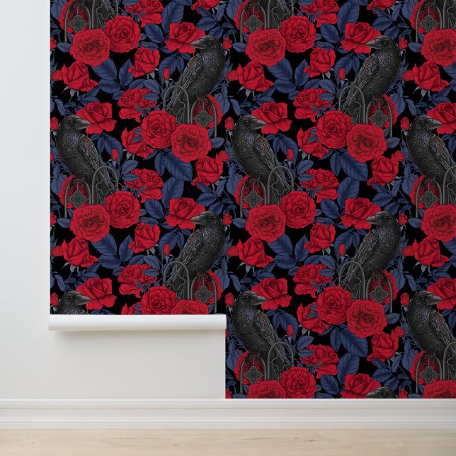 Ravens and roses with dark blue leaves wallpaper (Application)
