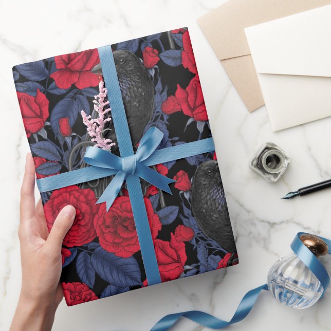 Ravens and roses with dark blue leaves wrapping paper (Gifting)