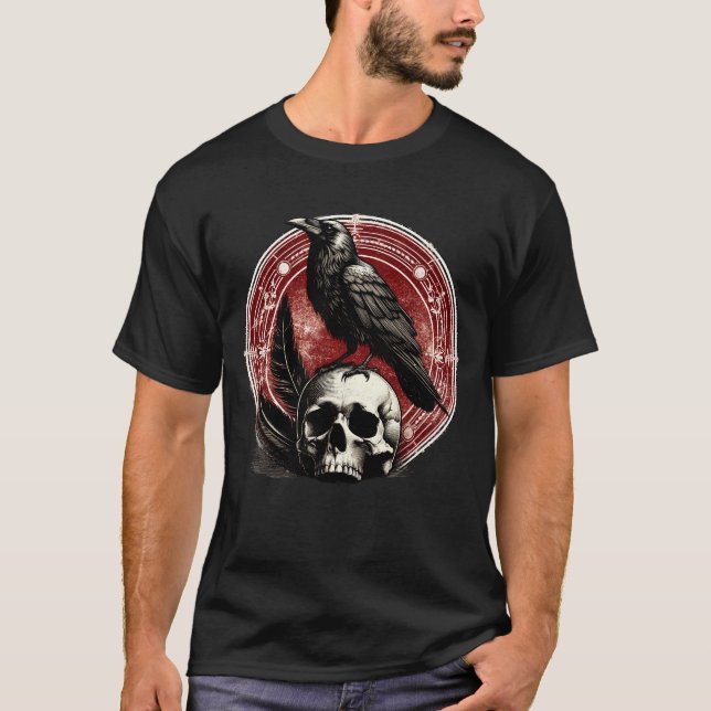 Ravens Black Crow and Skull Witchcraft Occult T-Shirt (Front)