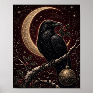 Raven's Christmas Gothic Raven with Holly and Moon Poster
