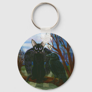 Raven's Moon Black Cat Crow Gothic Art Keychain