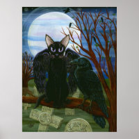 Raven's Moon Black Cat Crow Gothic Art Poster