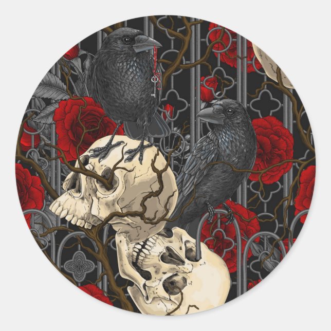 Raven's secret. Dark and moody gothic illustration Classic Round Sticker (Front)