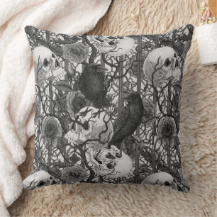 Raven's secret. Dark and moody gothic illustration Cushion