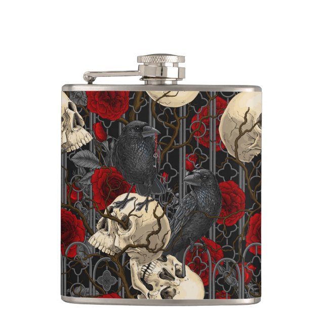 Raven's secret. Dark and moody gothic illustration Hip Flask (Front)
