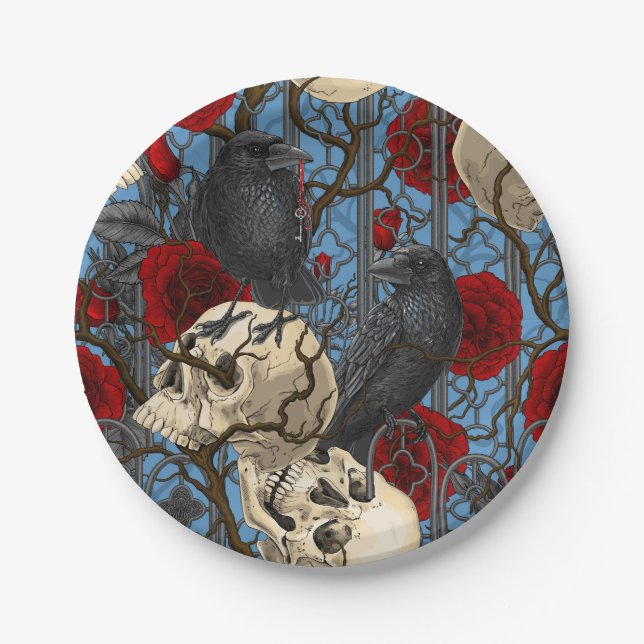 Raven's secret. Dark and moody gothic illustration Paper Plate (Front)