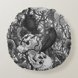 Raven's secret. Dark and moody gothic illustration Round Cushion