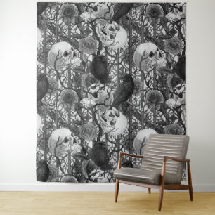 Raven's secret. Dark and moody gothic illustration Tapestry