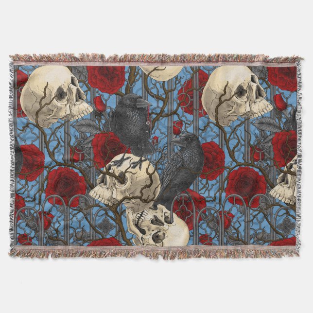 Raven's secret. Dark and moody gothic illustration Throw Blanket (Front)