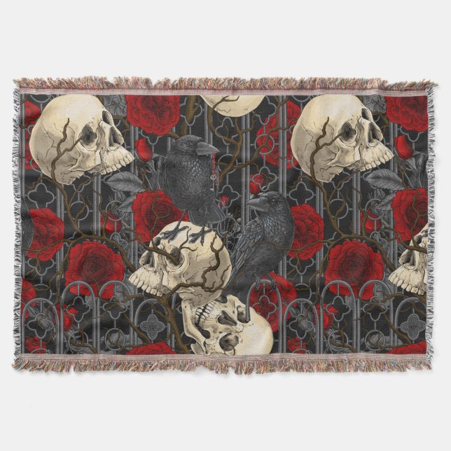 Raven's secret. Dark and moody gothic illustration Throw Blanket (Front)