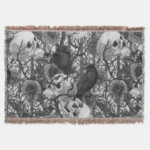 Raven's secret. Dark and moody gothic illustration Throw Blanket