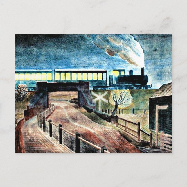 Ravilious art, Train Going over Bridge at Night Postcard (Front)