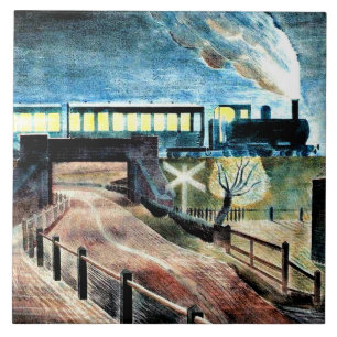 Ravilious, Train Going over Bridge at Night Ceramic Tile