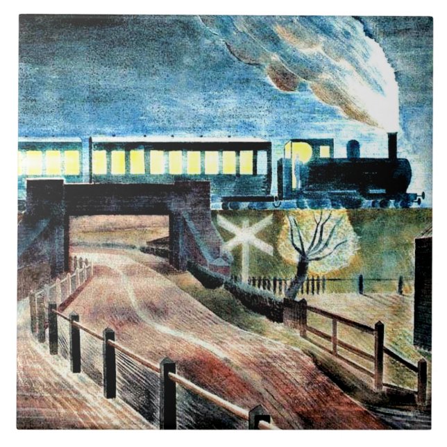 Ravilious, Train Going over Bridge at Night Ceramic Tile (Front)